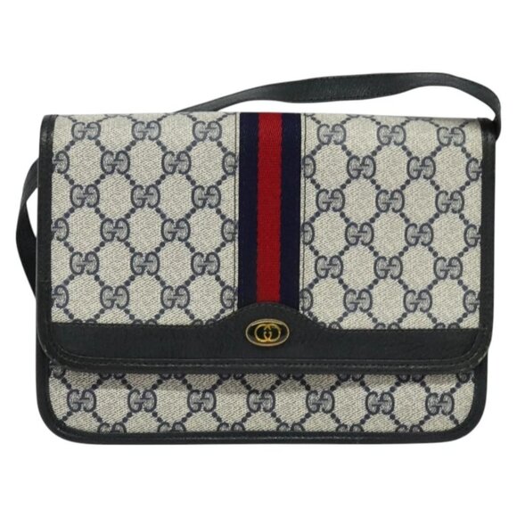 GUCCI GG Supreme Sherry Line Shoulder Bag PVC Navy Gold Auth - Picture 6 of 15